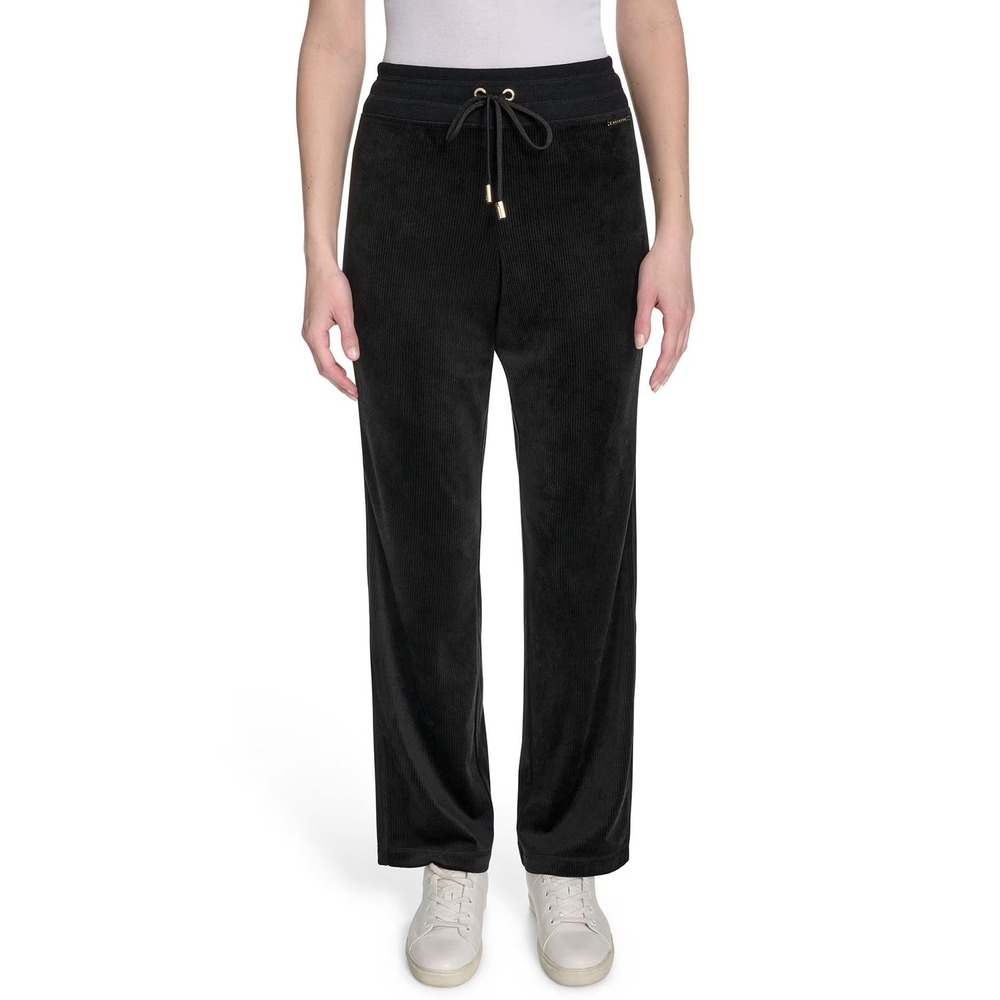 Halston Womens Velour Ribbed Pant Size L Black Mid Rise Straight Leg NWT